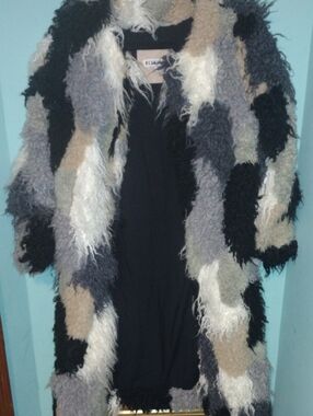 Shaggy Patchwork Open-Front Cardigan in Black & Neutrals